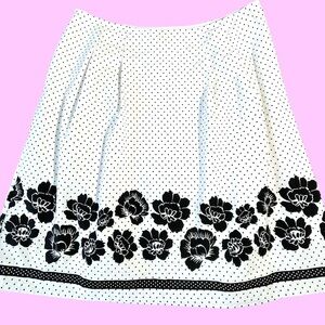 First Issue Liz Claiborne Black & White Polka Dot Floral Trim A-Line Skirt Sz 12